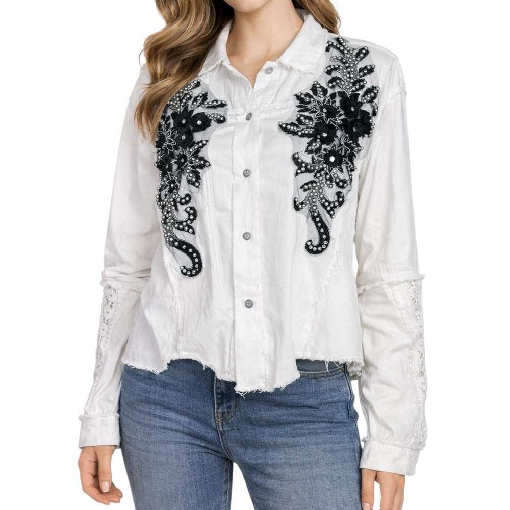 POL White Shirt sz S Cotton Black Embellished Raw Hem Western Boho Indie Sleaze